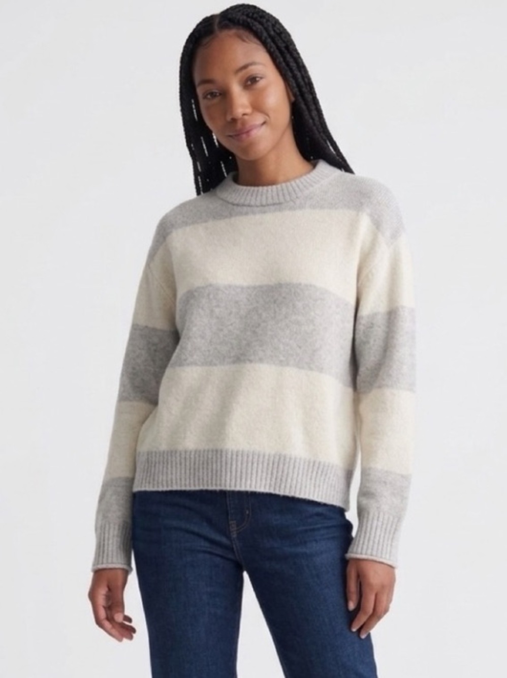 American Eagle Outfitters Cream.& Gray Striped Crewneck Sweater. Sz L